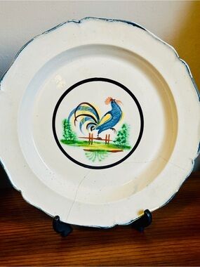 Antique Quimper Style Rooster Plate Hand Painted Faience 9" Provence France Find